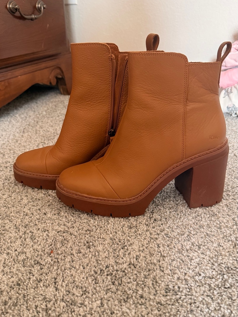 Toms Tan Leather Block Heel Ankle Boots